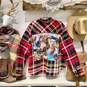 Upcycled Native wildlife back detailing plaid boho shirt w western vibe &fringe